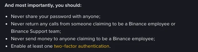 Binance help page on protecting your account from scams, showing the list headed And most importantly, you should: never share your password with anyone, never return calls from someone claiming to be a Binance employee or Binance Support team, never send money to anyone claiming to be a Binance employee, and enable at least one two-factor authentication