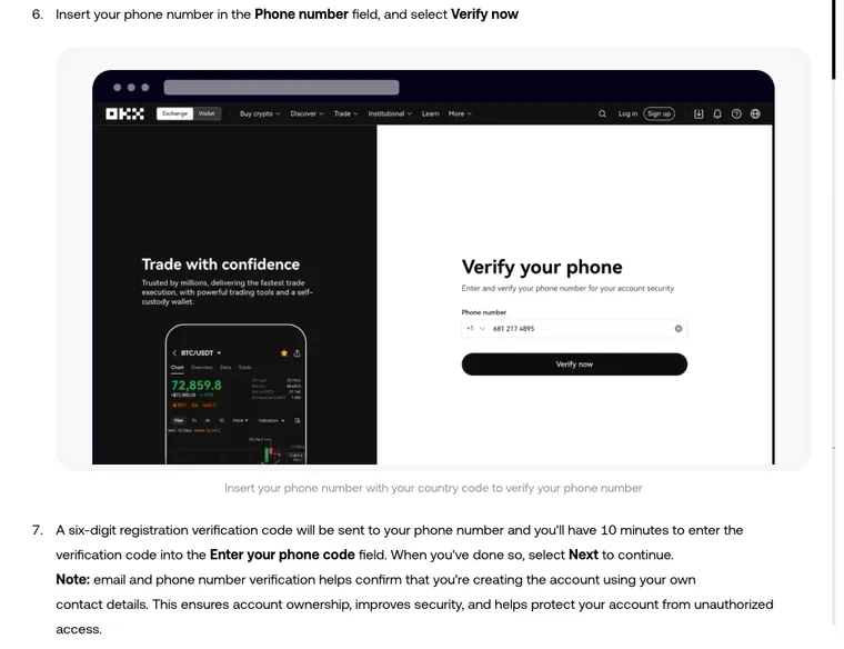 OKX Help Center registration steps, desktop step 6: the Verify your phone screen with a Phone number field and a Verify now button, followed by step 7 on the six-digit code